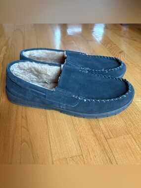 Eddie Bauer Mens Slippers Moccasins Dark Gray Suede Westhaven Faux Fur Sz XXL 13